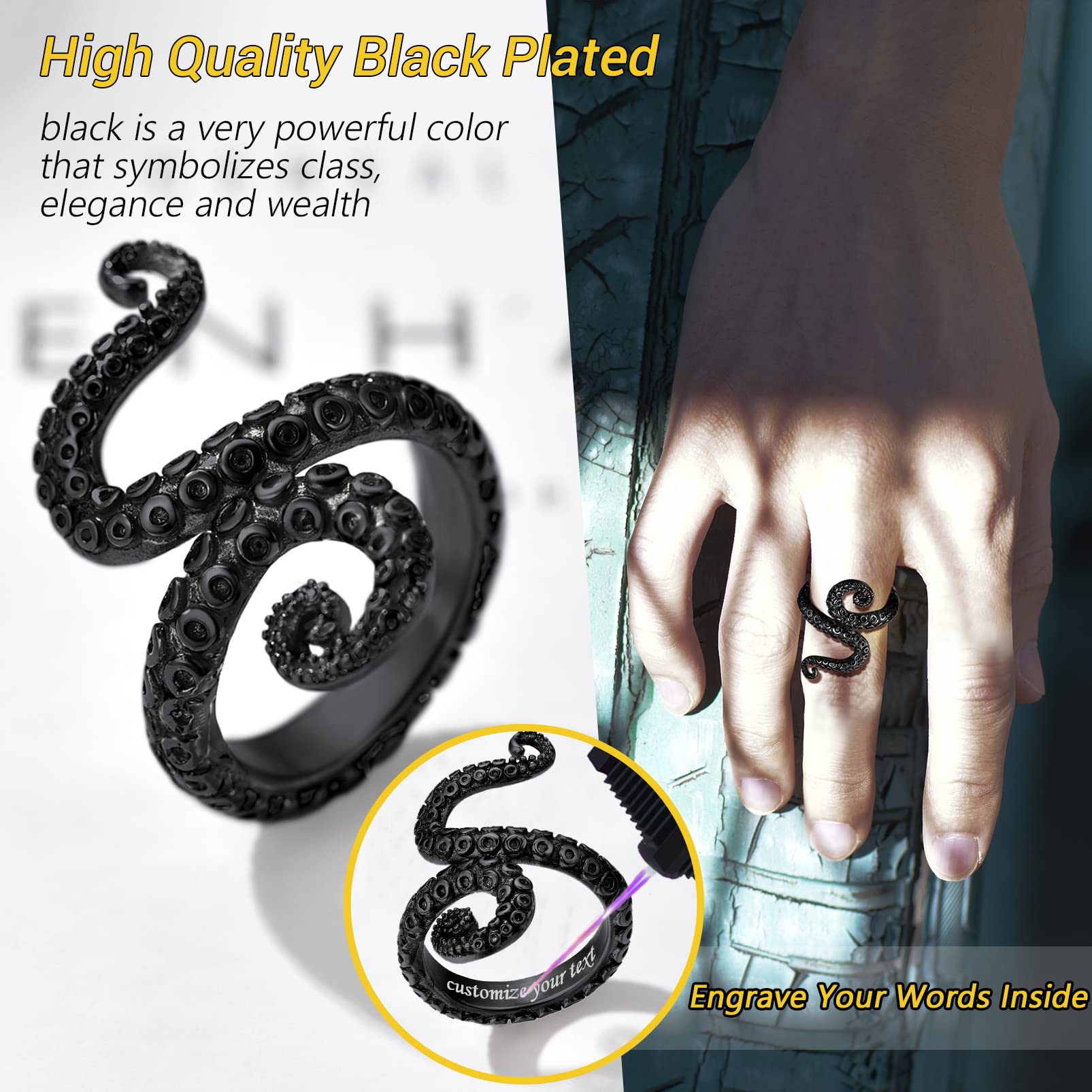 PROSTEEL Black Octopus Pinky Ring Size 7 Gothic Cool Finger Rings for Womens