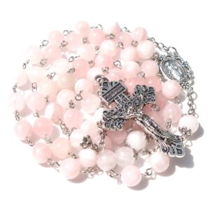 GeekTenet Rosary Beads Chaplet Pink Natural Crystal Rosery Cross Catholic gifts (Pink)