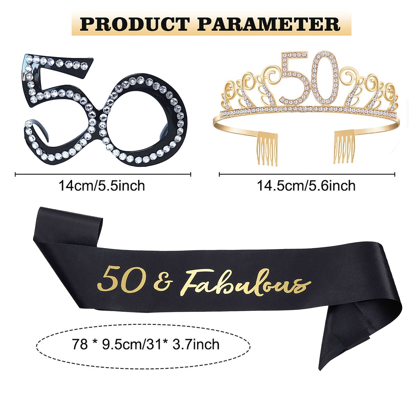 KYZCROTW 50th Birthday Gift for Women, 50th Birthday Tiara Crown, 50 & Fabulous Sash and Glasses for Women 50 years old Birthday Party Decorations and Supplies, 3 pcs