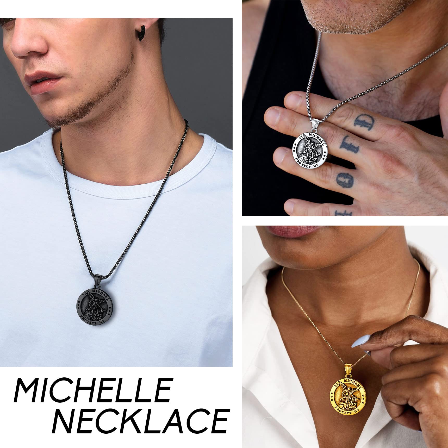 Bestyle Chunky St Michael Necklace Stainless Steel Round Saint Michael Medal Icon Protection Necklace with 3 mm 22+2 In Long Spiga Chain