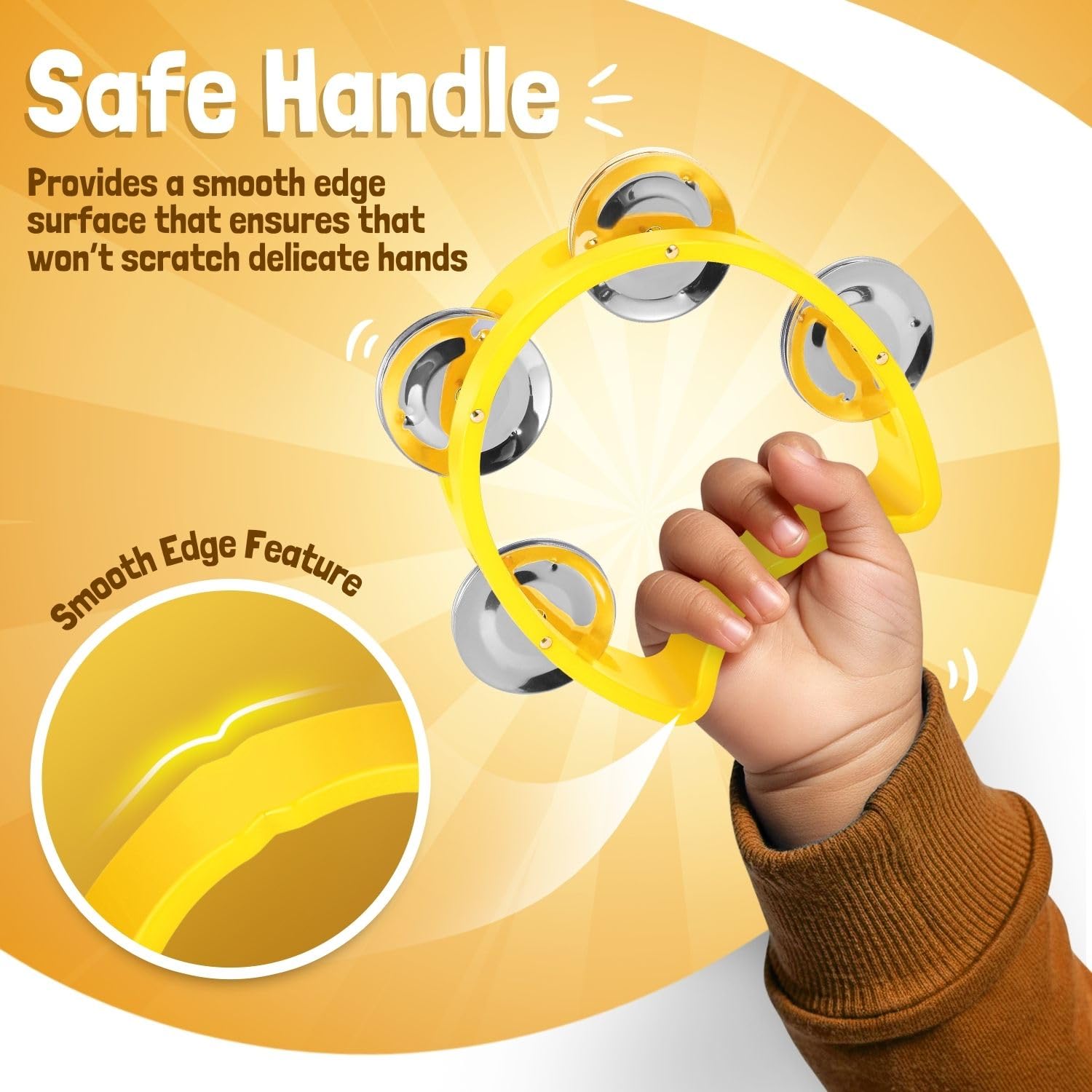 Flexzion Half Circle Tambourine Hand Held Percussion Instrument Plastic Mini Tambourines Half Moon D-Shaped Musical Instruments, Non Professional Tambourine, 2 Pack, Yellow