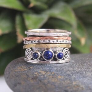 Boho Balinese Bali Style Turquoise Cocktail Ring Gemstone Blue Lapis Moonstone Ring for Women Teen Split Shank Band, Multicolor, 7