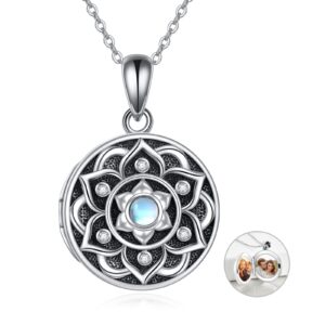 onefinity moonstone lotus locket necklace 925 sterling silver lotus flower locket necklace that holds pictures yoga locket pendant mother's day gifts for women wife mom