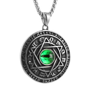 stwtr red eye amulet seal solomon hexagonal star twelve constellation pendant blue eye stainless steel necklace (silver green)