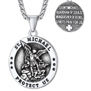 Bestyle Chunky St Michael Necklace Stainless Steel Round Saint Michael Medal Icon Protection Necklace with 3 mm 22+2 In Long Spiga Chain