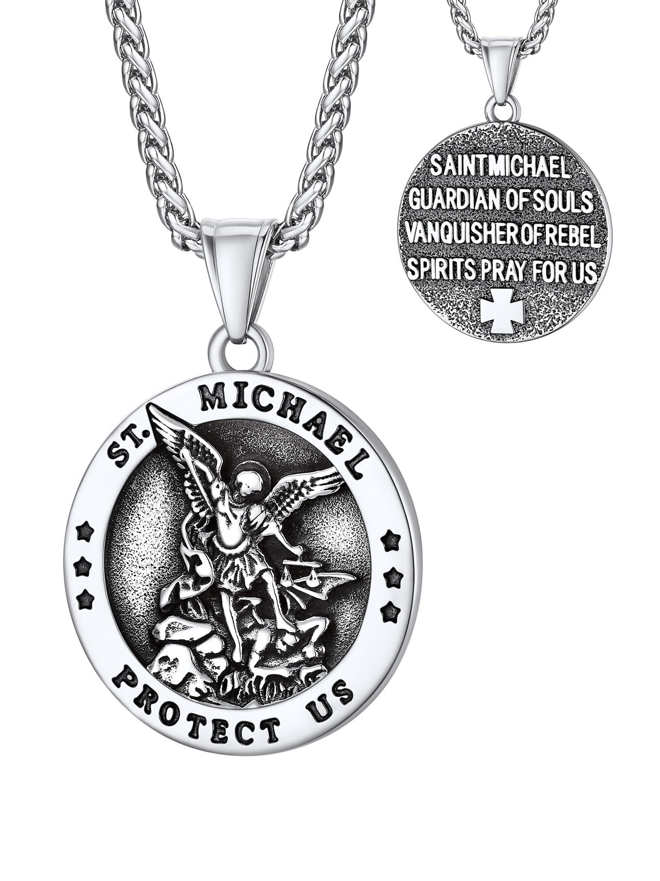 Bestyle Chunky St Michael Necklace Stainless Steel Round Saint Michael Medal Icon Protection Necklace with 3 mm 22+2 In Long Spiga Chain