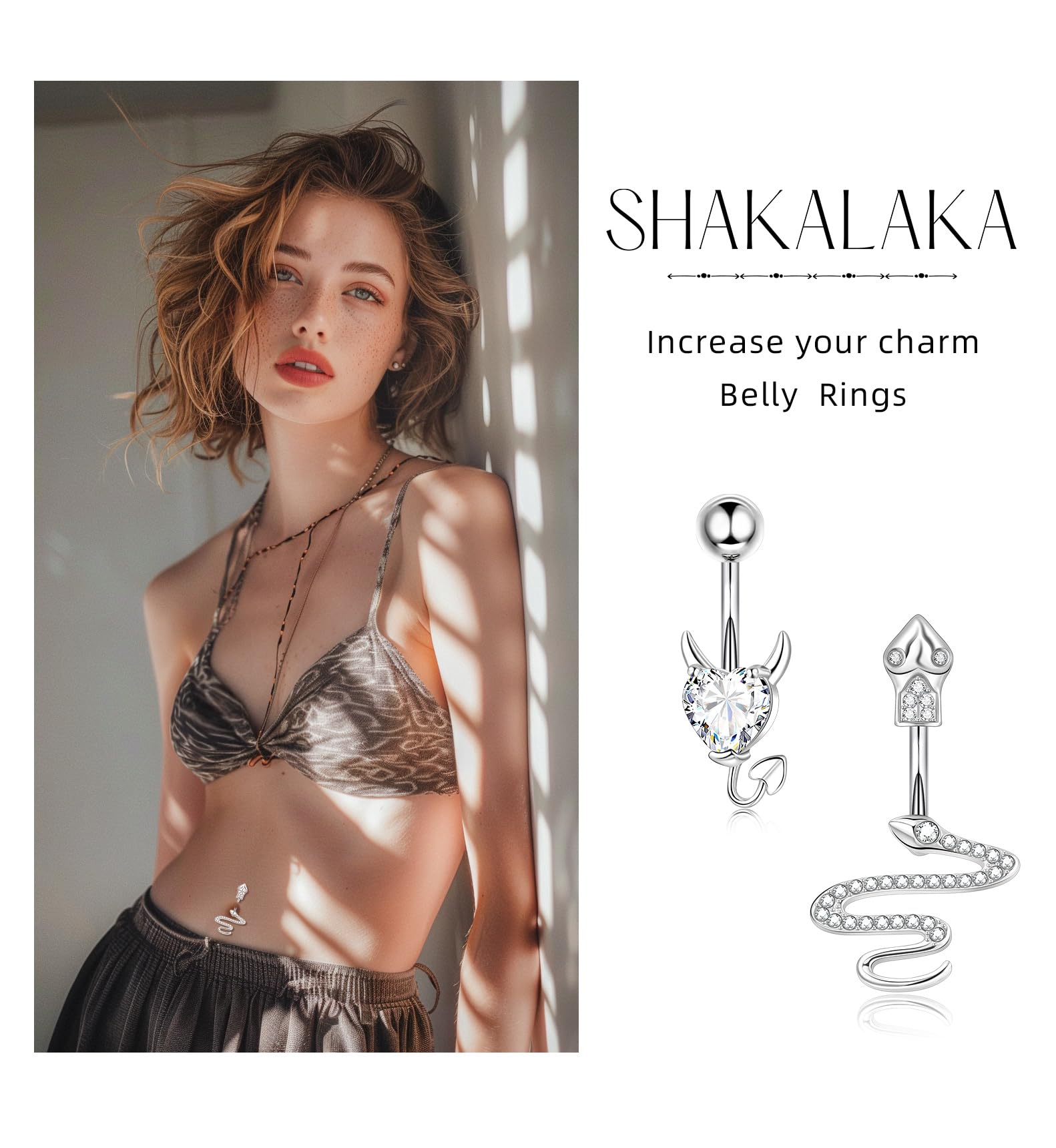 Shakalaka 9pcs Surgical Steel Belly Button Ring for Women Belly Piercing Dangling Cute Heart Butterfly Navel Rings Pack Silver Color