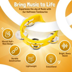 Flexzion Half Circle Tambourine Hand Held Percussion Instrument Plastic Mini Tambourines Half Moon D-Shaped Musical Instruments, Non Professional Tambourine, 2 Pack, Yellow