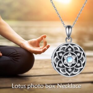 ONEFINITY Moonstone Lotus Locket Necklace 925 Sterling Silver Lotus Flower Locket Necklace That Holds Pictures Yoga Locket Pendant Mother's Day Gifts for Women Wife Mom