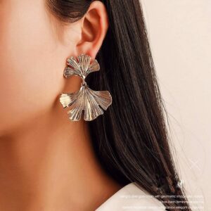 14K Gold Plated Flower Earrings for Women,Statement Ginkgo Leaf Earrings,Dainty Trendy Big Floral Earrings,Elegant Geometric Irregular Hawaiian Unique Plant Earrings Fashion Jewelry(Gin gold)