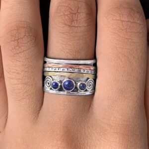 Boho Balinese Bali Style Turquoise Cocktail Ring Gemstone Blue Lapis Moonstone Ring for Women Teen Split Shank Band, Multicolor, 7