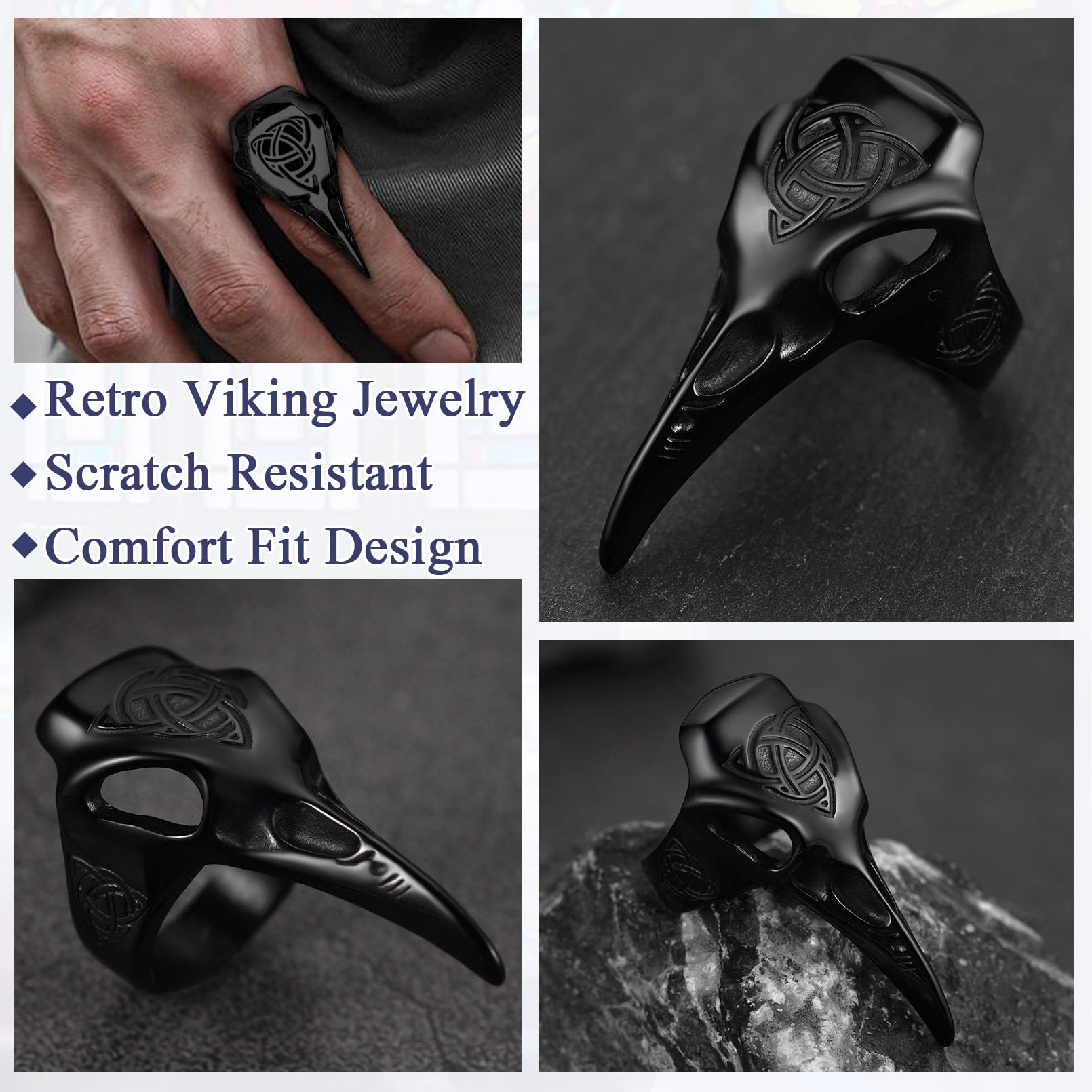 FaithHeart Mens Skull Rings Size 9 Black Stainless Steel Punk Viking Jewelry for Male Retro Celtic Knot Raven Biker Pinky Ring