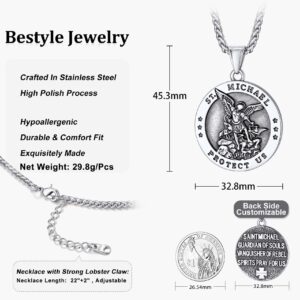 Bestyle Chunky St Michael Necklace Stainless Steel Round Saint Michael Medal Icon Protection Necklace with 3 mm 22+2 In Long Spiga Chain