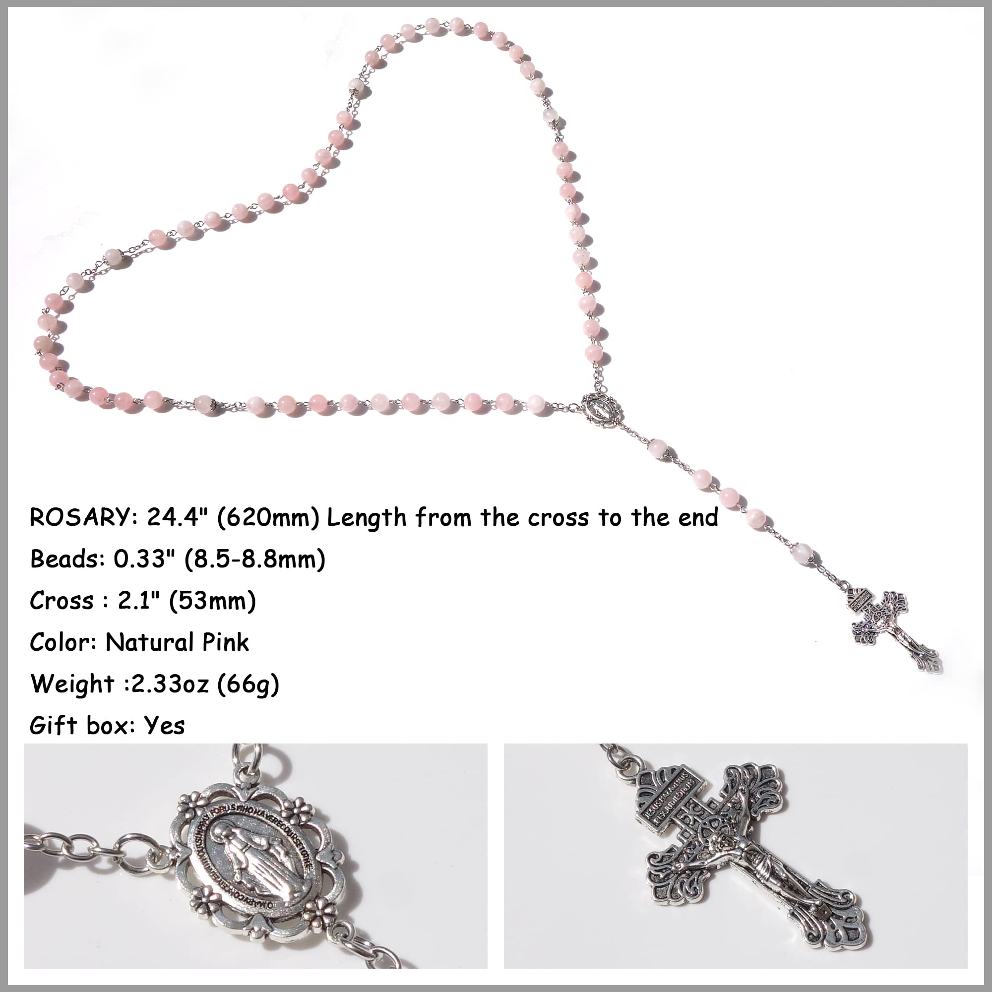 GeekTenet Rosary Beads Chaplet Pink Natural Crystal Rosery Cross Catholic gifts (Pink)