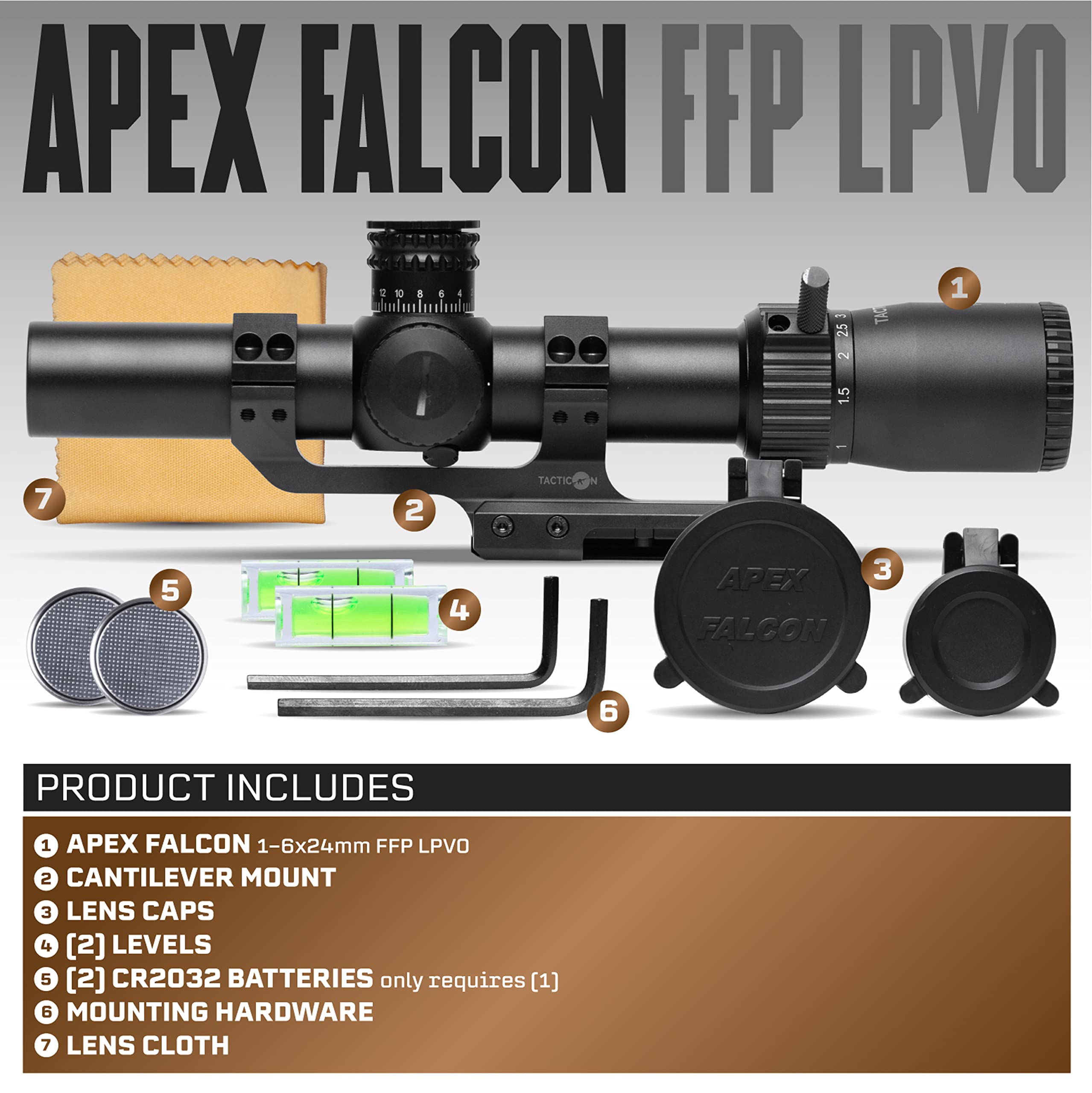 Tacticon Apex Falcon 1-6 x 24mm FFP LPVO Scope with Cantilever Mount | Combat Veteran Owned Company | Tactical Low Power Variable Optic with Illuminated Red Mil-Dot Reticle for Rifle