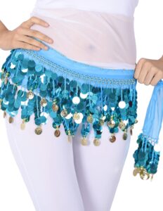 zltdream lady's belly dance film gong skirt hip scarf belt chiffon with gold coins light blue