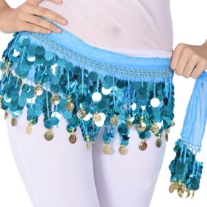 ZLTdream Lady's Belly Dance Film Gong Skirt Hip Scarf Belt Chiffon with Gold Coins Light Blue