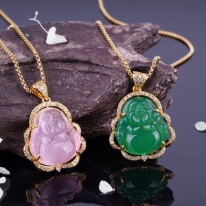 VIKCAUX Lucky Buddha Necklace Green Jade Stone Bling Laughing Buddha Pendant for Women Men