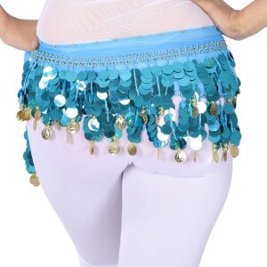 ZLTdream Lady's Belly Dance Film Gong Skirt Hip Scarf Belt Chiffon with Gold Coins Light Blue