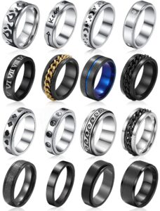 stainless steel band rings for men, sliver fidget rings for anxiety for women, cool plain spinner ring set, black mens wedding band ring pack (9)