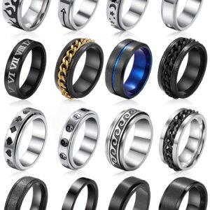 Stainless Steel Band Rings for Men, Sliver Fidget Rings for Anxiety for Women, Cool Plain Spinner Ring Set, Black Mens Wedding Band Ring Pack (9)