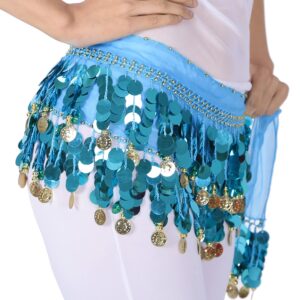 ZLTdream Lady's Belly Dance Film Gong Skirt Hip Scarf Belt Chiffon with Gold Coins Light Blue