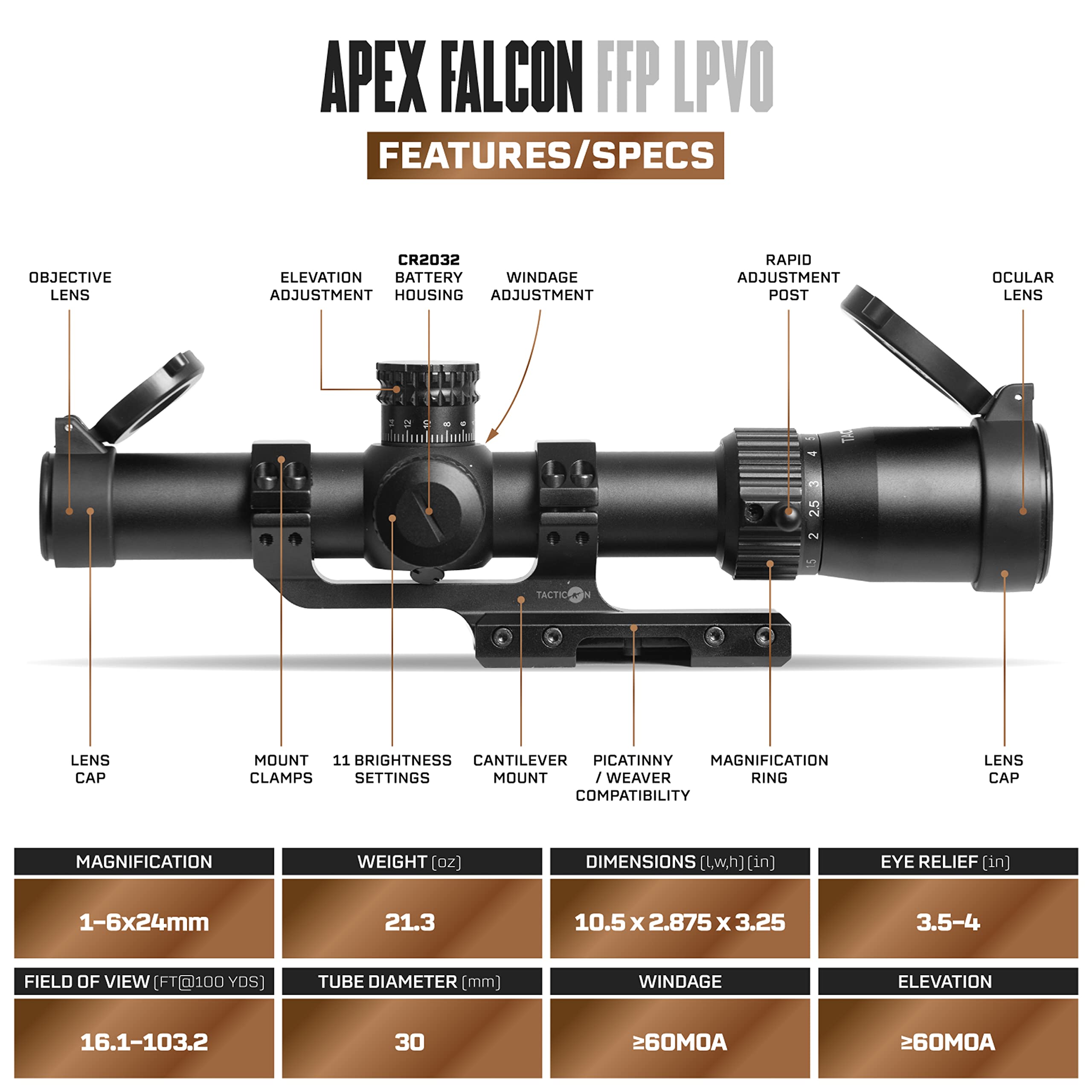 Tacticon Apex Falcon 1-6 x 24mm FFP LPVO Scope with Cantilever Mount | Combat Veteran Owned Company | Tactical Low Power Variable Optic with Illuminated Red Mil-Dot Reticle for Rifle