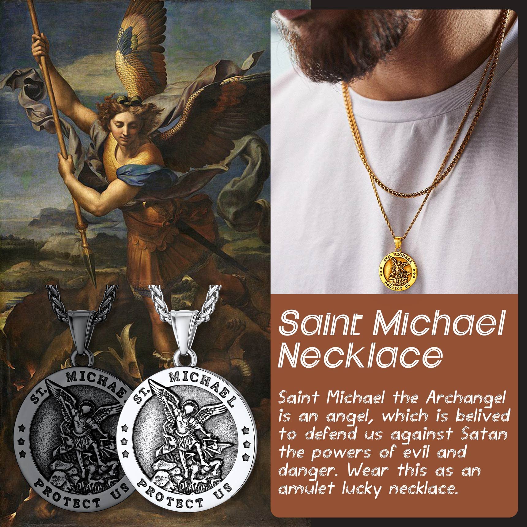 Bestyle Chunky St Michael Necklace Stainless Steel Round Saint Michael Medal Icon Protection Necklace with 3 mm 22+2 In Long Spiga Chain