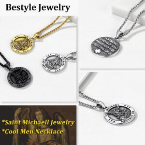 Bestyle Chunky St Michael Necklace Stainless Steel Round Saint Michael Medal Icon Protection Necklace with 3 mm 22+2 In Long Spiga Chain