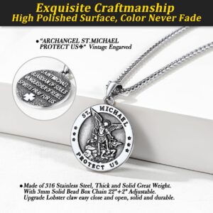 Bestyle Chunky St Michael Necklace Stainless Steel Round Saint Michael Medal Icon Protection Necklace with 3 mm 22+2 In Long Spiga Chain