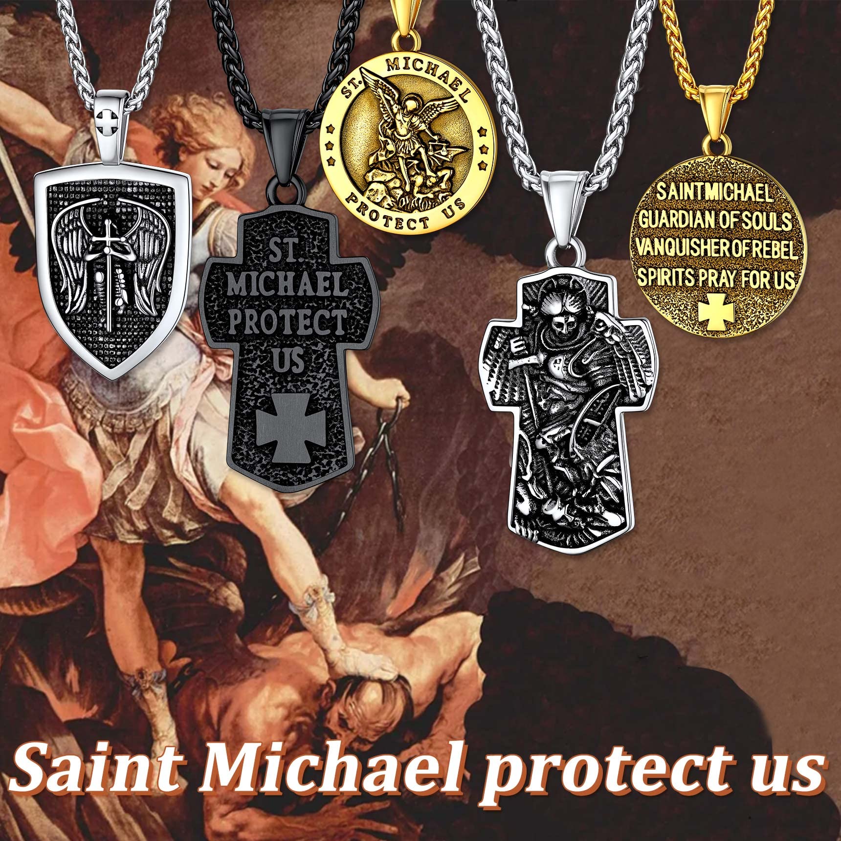 Bestyle Chunky St Michael Necklace Stainless Steel Round Saint Michael Medal Icon Protection Necklace with 3 mm 22+2 In Long Spiga Chain