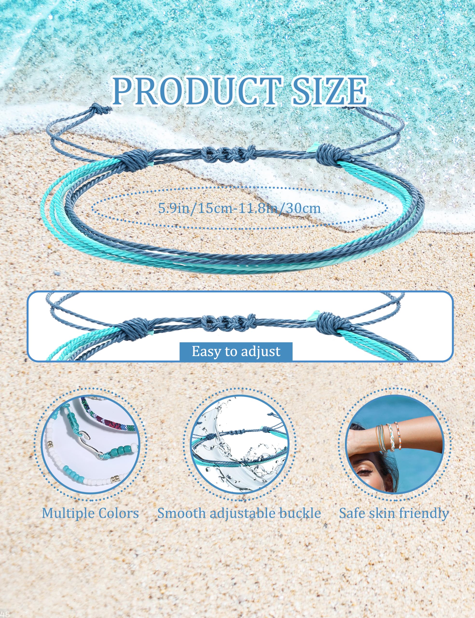 LOLIAS 24 Pieces Waterproof String Bracelets for Women Surfer Wave Boho Bracelet Adjustable Handmade Friendship Bracelet String Ocean Beach Boho Bracelets Anklets for Women Ocean