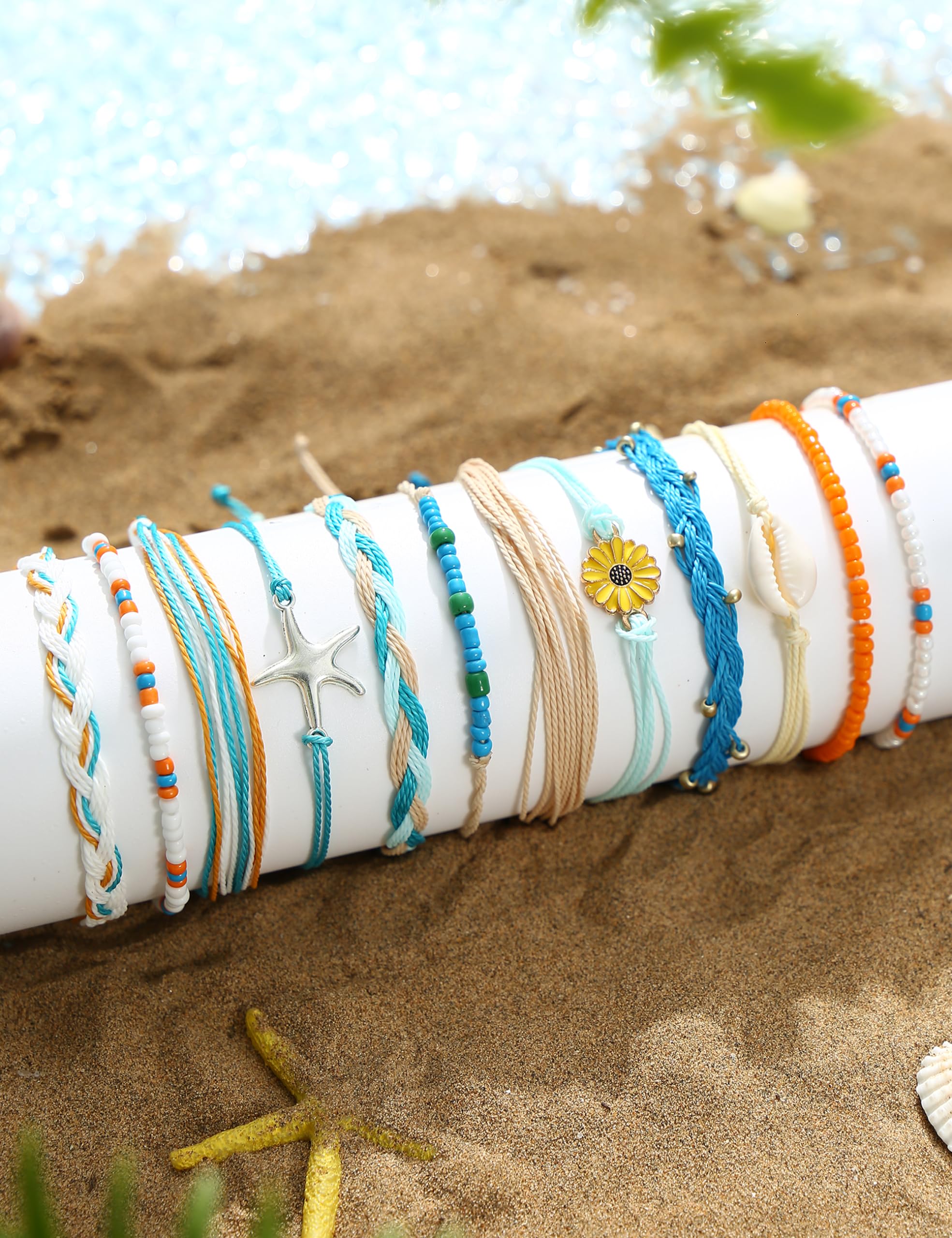 LOLIAS 24 Pieces Waterproof String Bracelets for Women Surfer Wave Boho Bracelet Adjustable Handmade Friendship Bracelet String Ocean Beach Boho Bracelets Anklets for Women Ocean