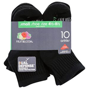 Fruit of the Loom Boys Dual Defense Cushion Comfort Ankle Socks 10 Pack, Black, Boys' Shoe Size: 6-7.5, Count 10 pair(Pack of 1)