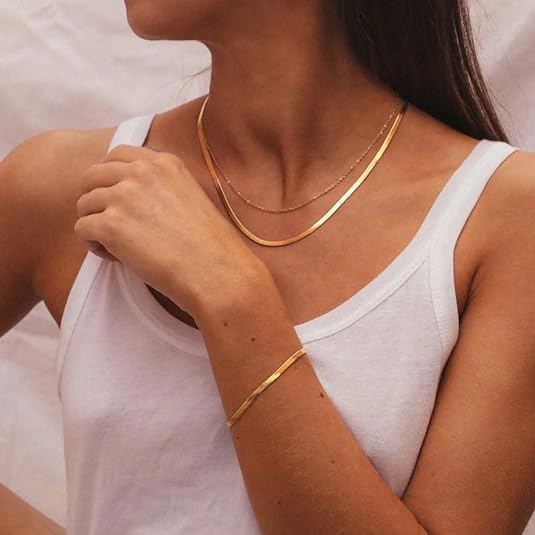 Hey Harper Jewelry Set with Gold Herringbone Necklace and Thin Chain Necklace - Waterproof Jewelry - 14k Gold, Tarnish free, Stainless Steel Jewelry for Women