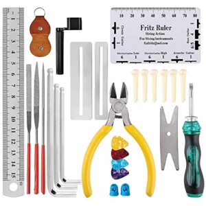 28PCS Guitar Tool Kit,Guitar Repair Tools Kit,Professional Guitar Repairing Maintenance Tool Kit with Wire Plier String Organizer Fingerboard Protector Hex Wrenches Files String Action Ruler Spanner