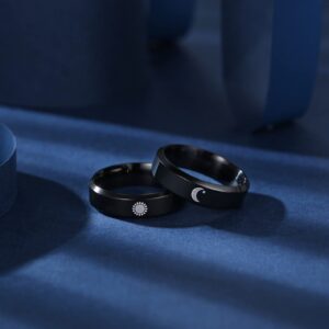 High Polished Comfort Fit Black Matching Rings for Couples Sun and Moon Ring Promise Couple Ring Customized Engagement Wedding Ring Personalized Band Sets for Him and Her Stainless Steel