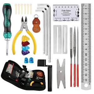 28pcs guitar tool kit,guitar repair tools kit,professional guitar repairing maintenance tool kit with wire plier string organizer fingerboard protector hex wrenches files string action ruler spanner