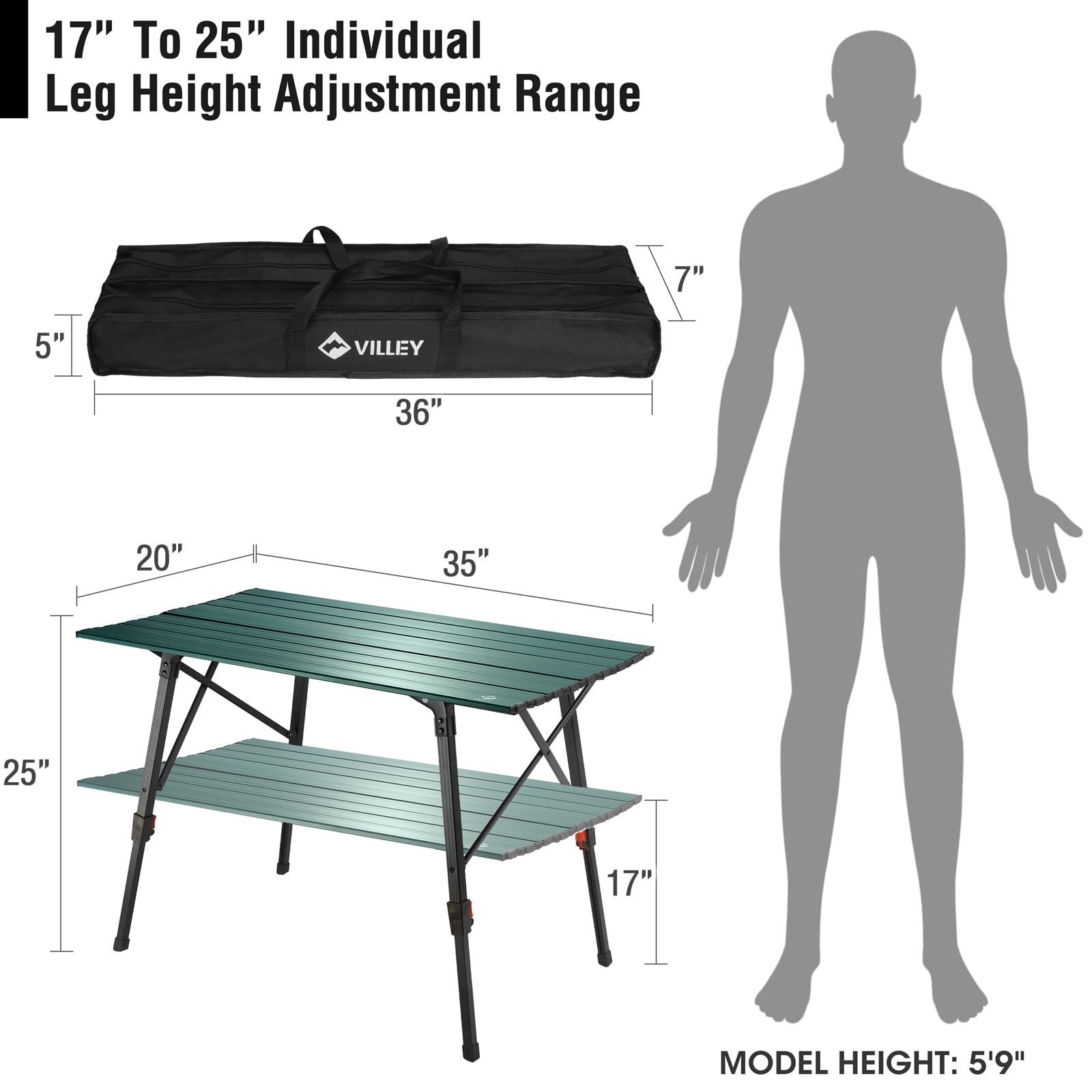 VILLEY Portable Camping Table with Adjustable Legs, Lightweight Aluminum Folding Beach Table with Carrying Bag for Outdoor Cooking, Picnic, Beach, Backyards, BBQ and Party - Green