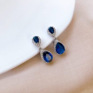 LAVINA Fancy Teardrop CZ Pierced Dangle Earring Classically And Elegant Hypoallergenic Earrings For Women Brides Wedding (Blue)