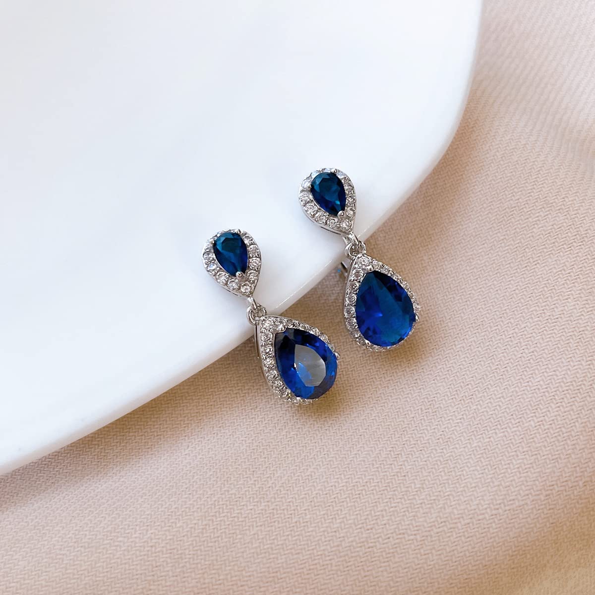 LAVINA Fancy Teardrop CZ Pierced Dangle Earring Classically And Elegant Hypoallergenic Earrings For Women Brides Wedding (Blue)