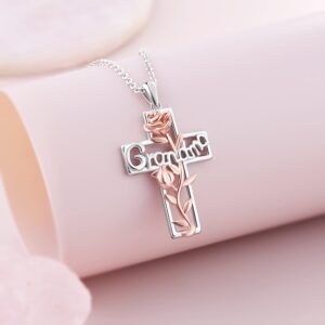 CHIC & ARTSY Women Cross Necklace 925 Sterling Silver Grandmother Necklace Nana Cross Pendant Necklace Grandma Rose Flower Cross Necklace for Mothers Day Mom Wife