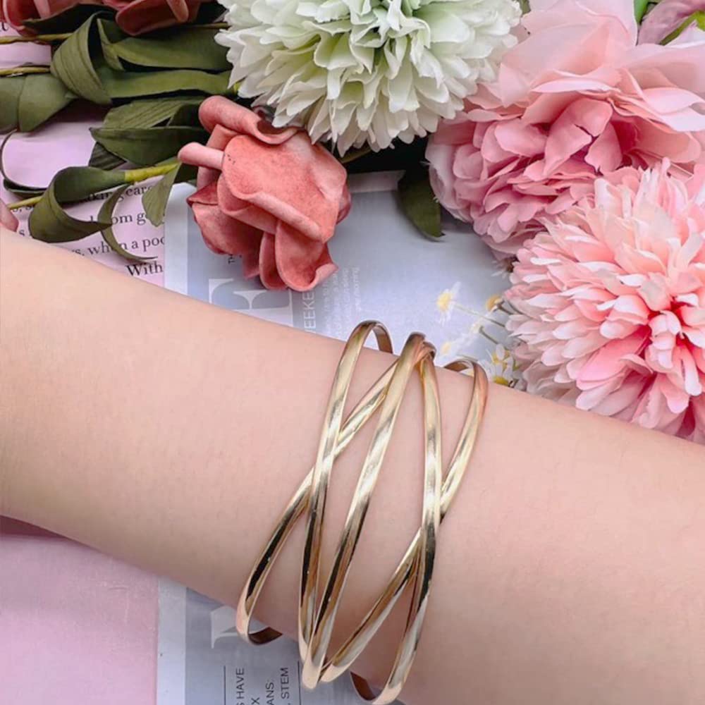 Svovin 1-7 Pcs Cuff Bangle Bracelet for Women Open Wide Wire Bracelets Gold Wrist Cuff Wrap Bracelet (B:APC)