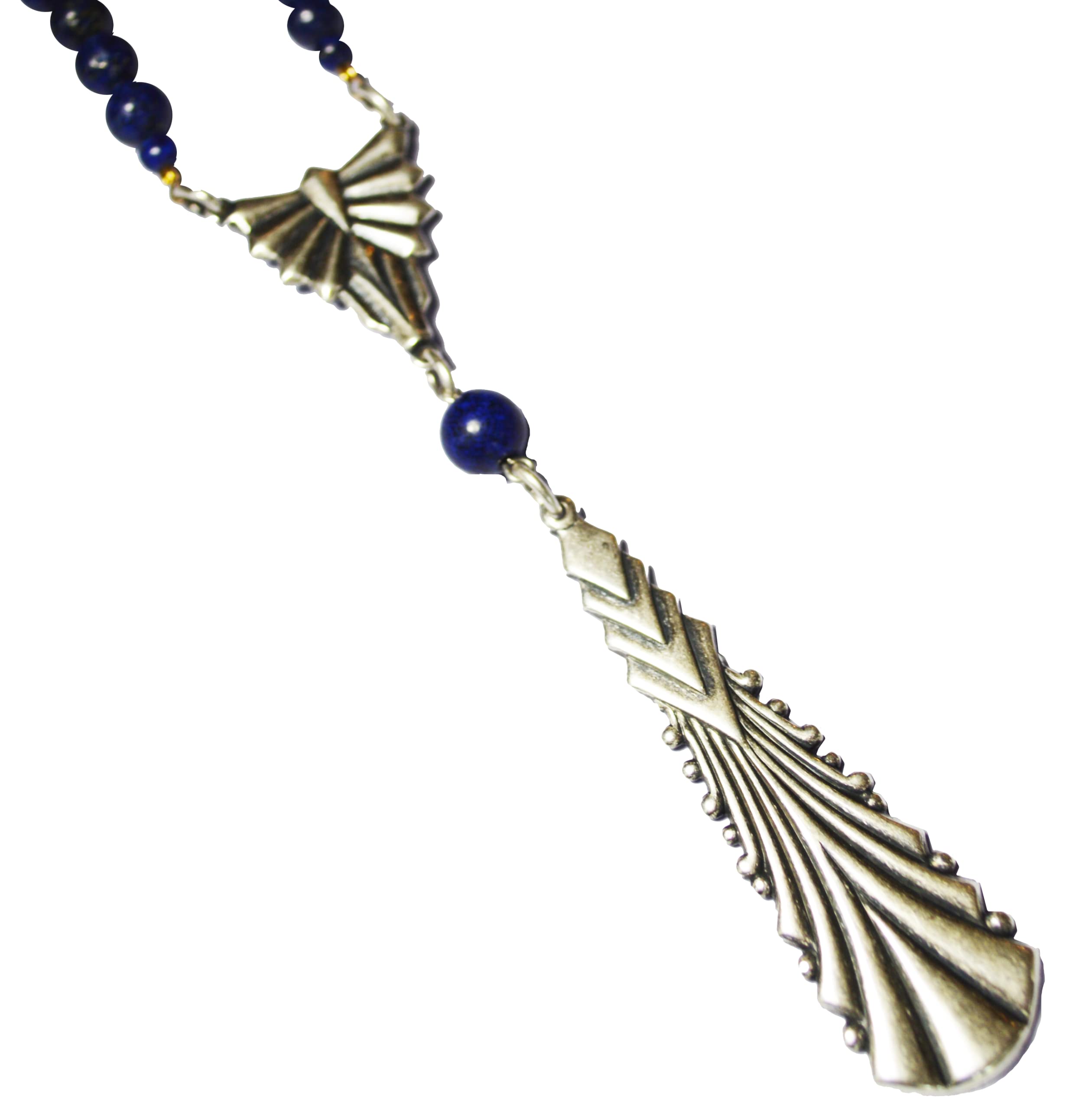 Elaine Coyne Collectible Artwear Art Deco Mirror Antique Silver Single Pendant Necklace - Lapis