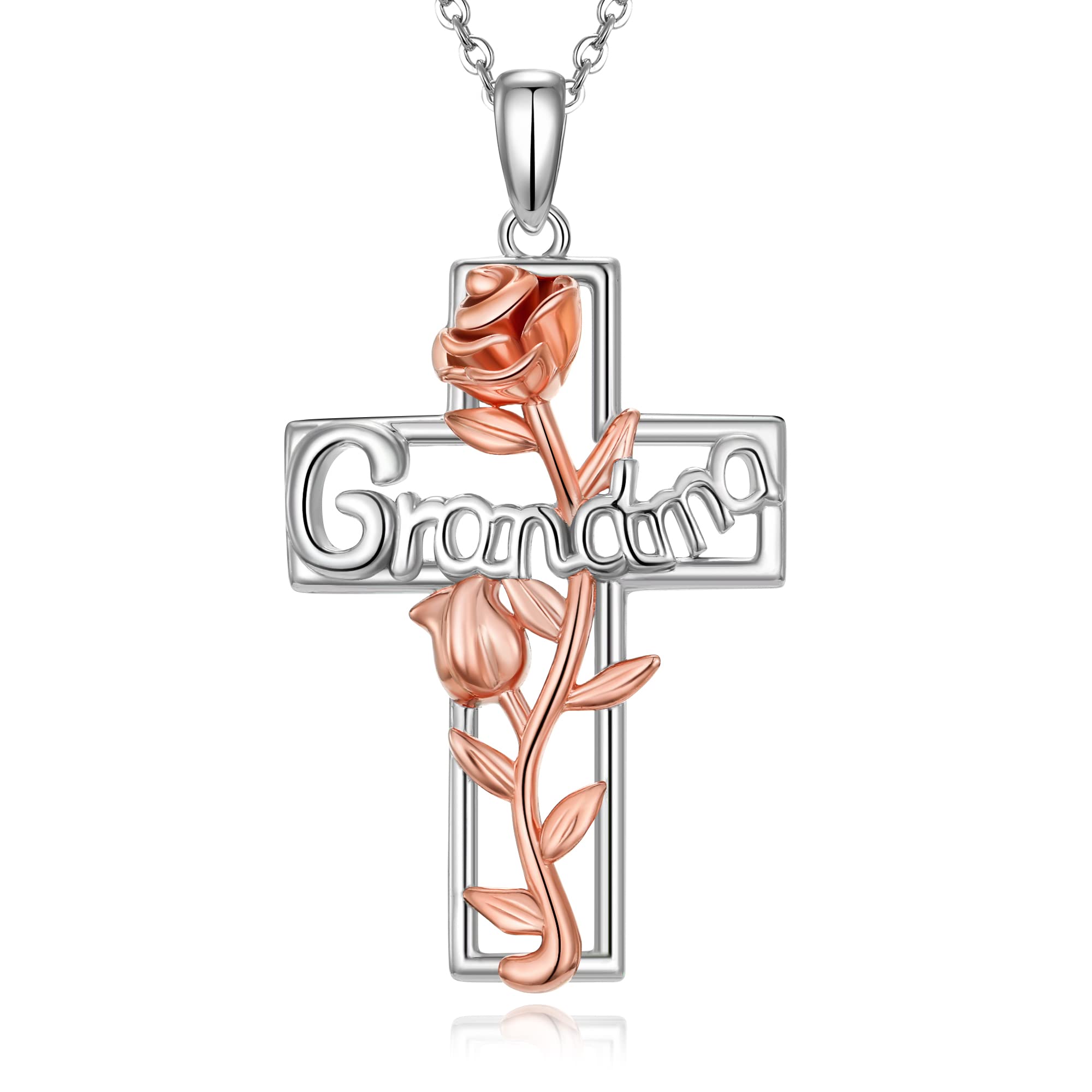 CHIC & ARTSY Women Cross Necklace 925 Sterling Silver Grandmother Necklace Nana Cross Pendant Necklace Grandma Rose Flower Cross Necklace for Mothers Day Mom Wife