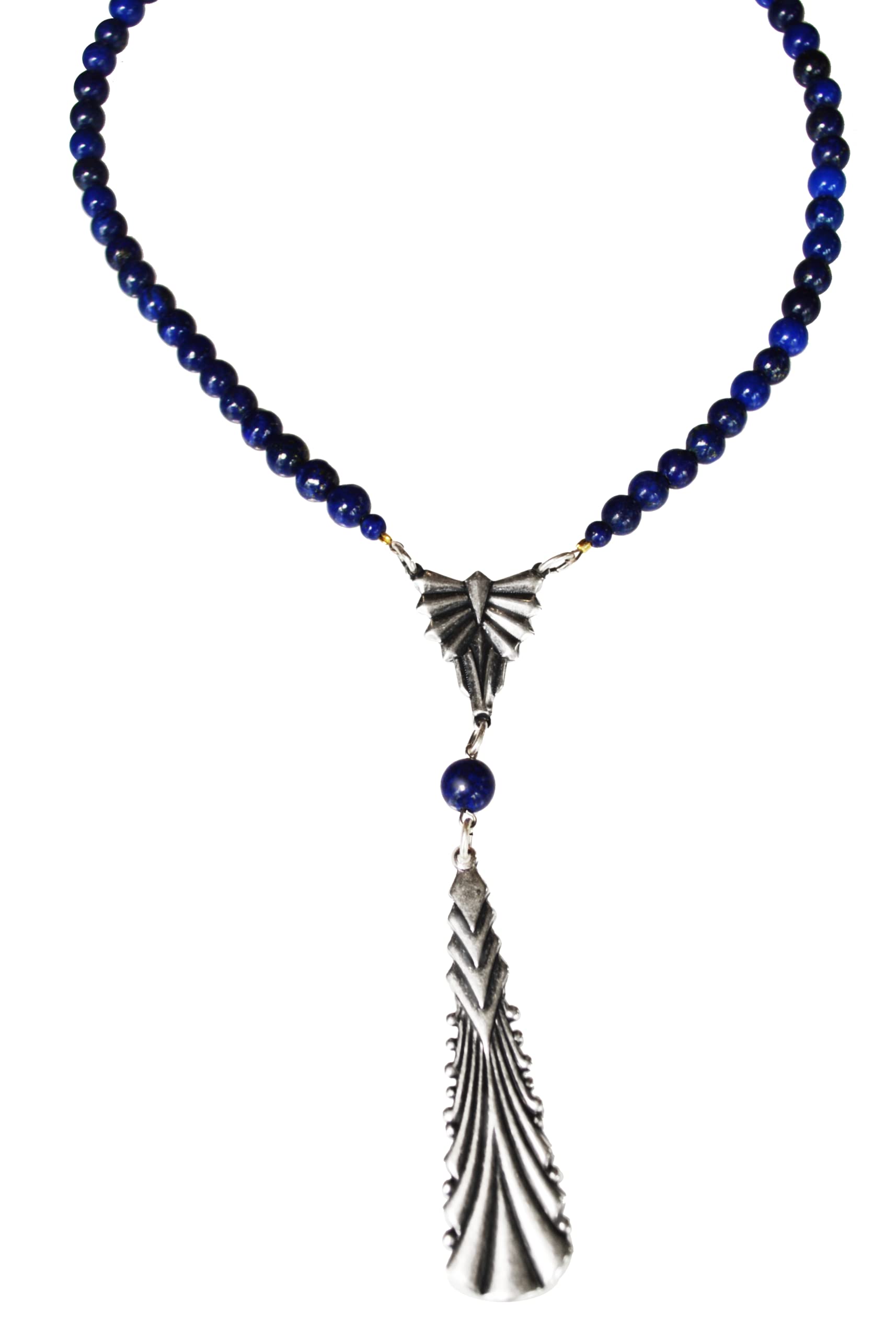 Elaine Coyne Collectible Artwear Art Deco Mirror Antique Silver Single Pendant Necklace - Lapis