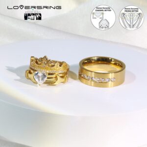 Wedding Ring Set Couples Rings Crown Claddagh ring Yellow Gold Plated Heart White Cz Titanium band