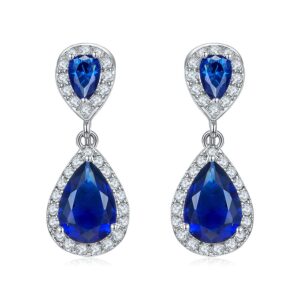 LAVINA Fancy Teardrop CZ Pierced Dangle Earring Classically And Elegant Hypoallergenic Earrings For Women Brides Wedding (Blue)