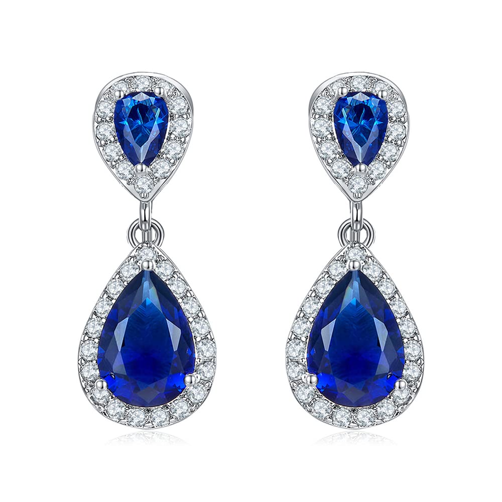 LAVINA Fancy Teardrop CZ Pierced Dangle Earring Classically And Elegant Hypoallergenic Earrings For Women Brides Wedding (Blue)