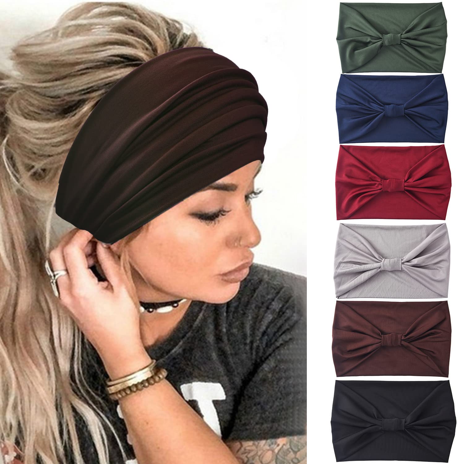 Yeshan Wide Headbands for Women Large African Bandana Headbands Non Slip Boho Headbands Yoga Running Sports Workout Gym Turbans Thick Headbands,Pack of 6